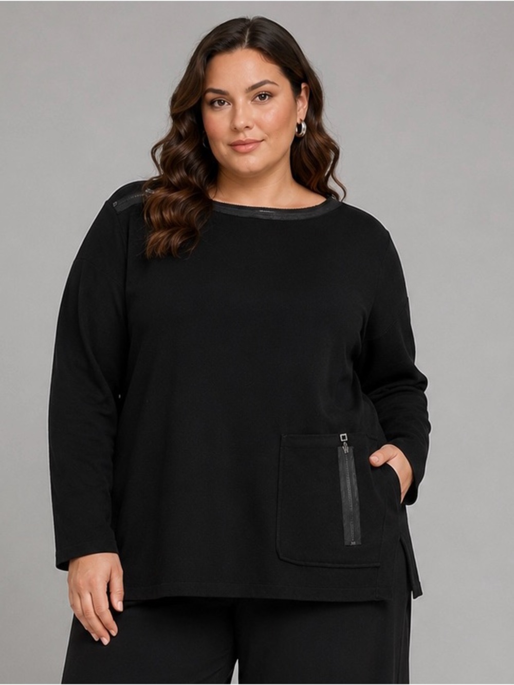 Sarah Pacini One Size Black Tunic Top Zip Pocket Made in Italy